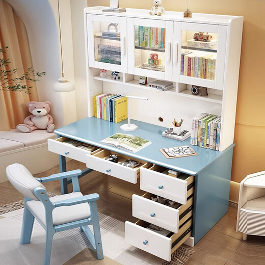 Bamboo sound desk solid wood computer desk bookshelf bookcase integrated combination study table and chair bedroom student writing desk home solid wood color single table 140x60x186cm