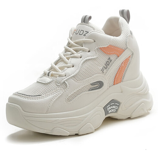 Hongxing Pinerke Break-taille de cuir authentique en cuir intérieur en améliorant les petites chaussures blanches pour femmes 2025 Au automne Nouvelles chaussures de sport décontractées Mesh respirant 866-1 Surface en cuir beige (8 cm en amélioration 38