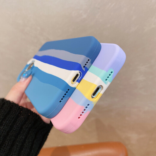 Bunolin Apple 14 mobile phone case iPhone14promax Rainbow Liquid Silicone 13/12/11 Fully-inclusive Anti-fall 678p Set Liquid Silicone [Blue Stripe] iPhone SE (third generation)