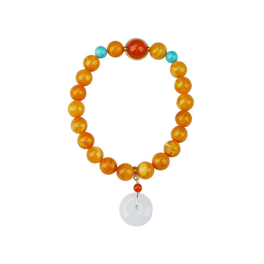 Ou Ceni beeswax bracelet, natural amber, old wax, southern red round beads, Hetian jade safety buckle pendant, single circle multi-treasure bracelet for men and women, ready to wear and ready to make