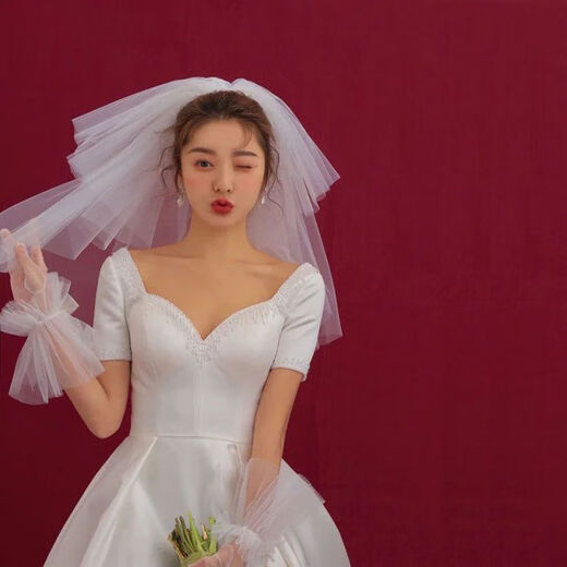 Crystal fluffy short veil registration bow bridal veil headdress fashionable retro wedding photo props