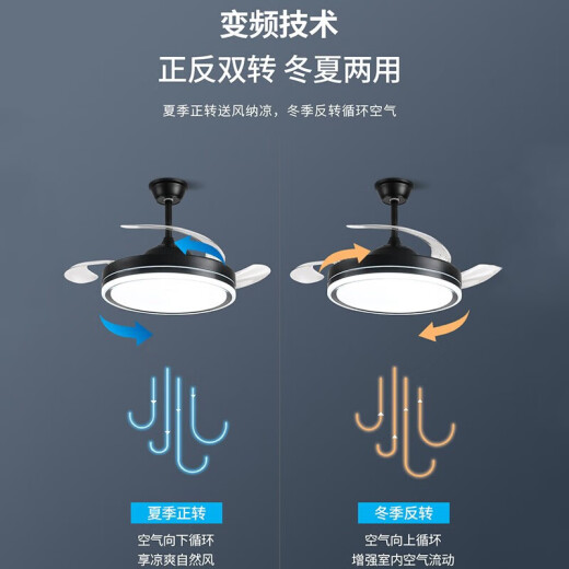 Dongdong Home Ceiling Fan Light LED Invisible Ceiling Fan Light Bedroom Restaurant Lighting Modern Simple Remote Control Fan Light Black 42 Inch