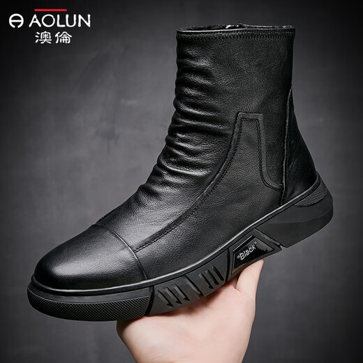 Bottes masculines australiennes, chaussures hautes hautes, hommes plus velours en cuir soft en cuir doux martin, bottes en cuir britannique, chaussures en coton, chaussures d'hiver, bottes Chelsea, noir (plus velours) 42