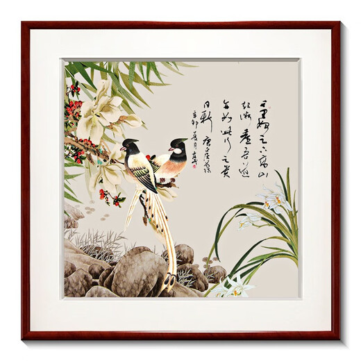 Zi Teng Suixuan new Chinese style ink flower and bird painting living room background wall decoration painting restaurant dining room hanging painting entrance bedroom mural picture 9 60*60cm mahogany color solid wood frame