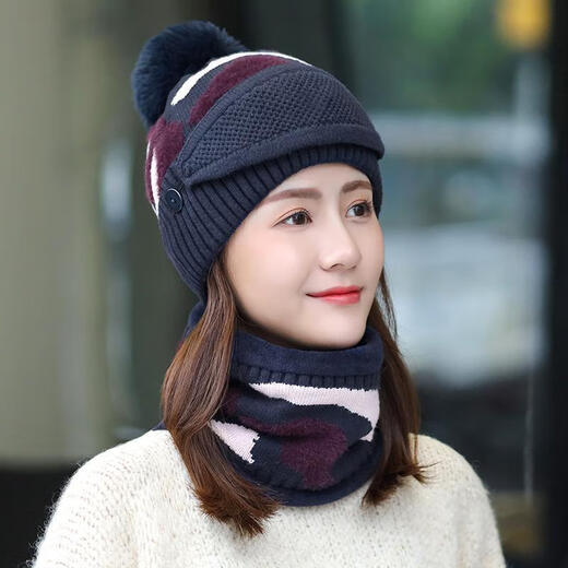 KAROND new product elderly hats for women autumn and winter hats for women autumn and winter Korean style trendy plus velvet warm three-piece set fashionable and versatile winter ear protection knitted wool hat black and blue warm three-piece set [hat++ scarf]