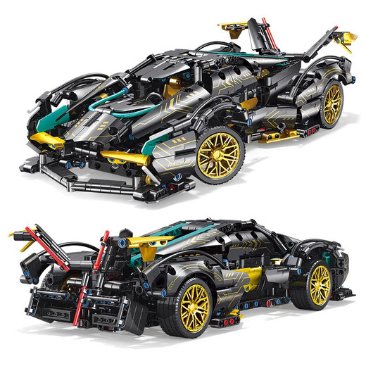 United Creations highly difficult building block assembled sports car Lamborghini V12 Black Gold Warrior mechanical set assembled model children's gift Black Warrior V12 remote control lighting + display box