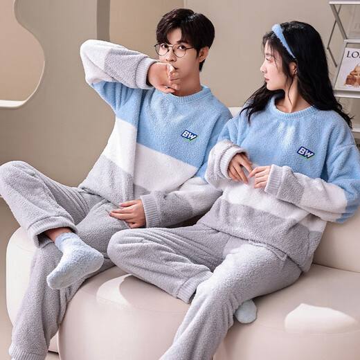 clolv kiss珊瑚绒情侣家居服秋冬款圆领加绒加厚睡衣女冬季法兰绒可外穿套装 6630 男L