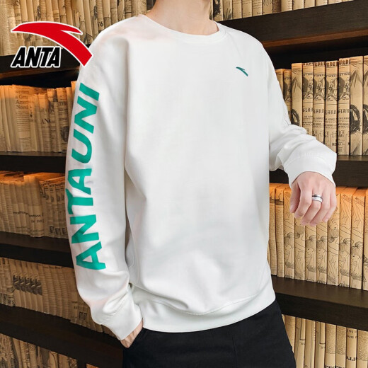 [Two-piece set] ANTA sports suit men's autumn new breathable lightweight round neck sweatshirt leggings pants running fitness basketball long-sleeved T-shirt pullover sports trousers casual clothing trend-3 pure white/retro green [sweatshirt + trousers] XS/160