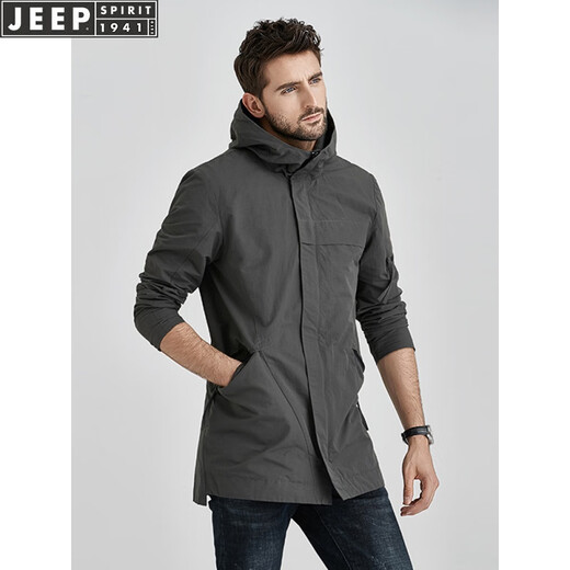 JEEP风衣男士中长款连帽春秋季工装韩版潮流休闲春秋外套 灰色 XL