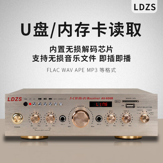 LDZS220V大功率蓝牙功放机家用K歌U盘插卡发烧5.0环绕立体声舞台400WHifi空放机 608B金色