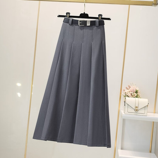 Avmko drapey hip-covering pleated skirt for women 2025 new high-waisted suit skirt mid-length A-line bottoming skirt college style light gray S