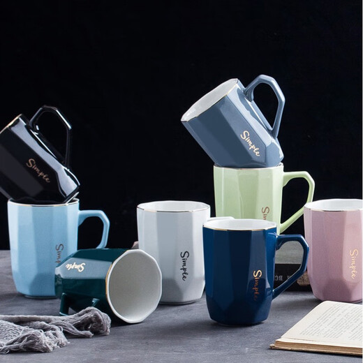 Guai ceramic mug set, simple home living room with tray, high-looking office mug, tea cup color distinction, 4 light-colored cups and plates, pink, blue, green and white