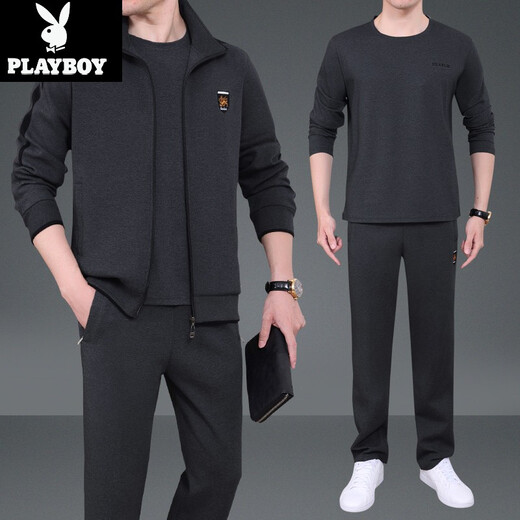花花公子运动套装中老年男士三件套2025春秋季新款跑步服爸爸装运动外套 3937-灰色【三件套】 XL(建议120-140斤左右)