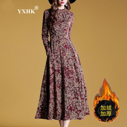 YXHK dress women's autumn French floral long style 2022 new style high elasticity, softness, slimming, retro temperament, long skirt with velvet and thickening, money tree 118L [108-115Jin [Jin equals 0.5 kg] about]