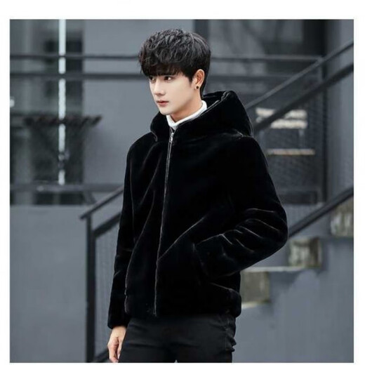 Manxinan new mink coat men's imitation mink hair Haining winter leather coat mink fur short hooded coat black lapel plus cotton 5XL recommended 180 to 200Jin Jin equals 0.5 kg