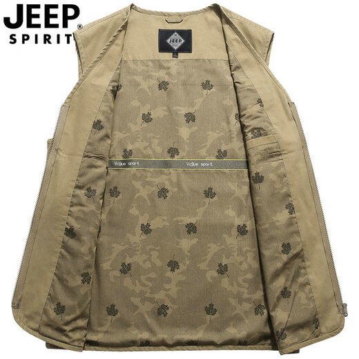 吉普（JEEP）春秋装马甲中年男背心外穿纯棉马夹男多口袋旅行钓鱼无袖外套坎肩 卡其色 M建议体重130左右