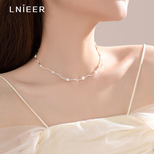 Lnieer925 Silver Freshwater Pearl Wave Necklace Women's Simple Light Luxury Design Versatile French Retro Clavicle Chain Necklace Freshwater Pearl Necklace S925 Silver