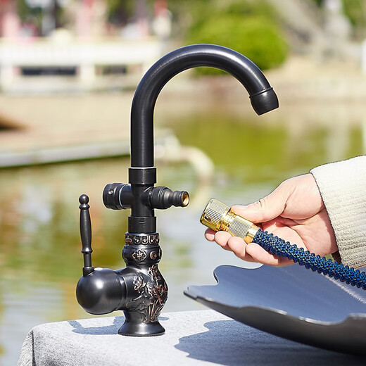 Jenvia Outdoor Courtyard Faucet Anti-Freeze Einkaltes Waschbecken Marmor Stein Basin Villa Outdoor Anti-Freez-Riss Kupferarmatur [Schwarz 9708 Einzelkaltmodell mit Wasserteiler]