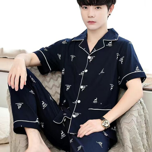 俏丽雅（qiaoliya）纯棉男士夏季睡衣短袖套装薄款夏天长裤男款中老年人春秋款家 690 3XL(建议180-200斤)