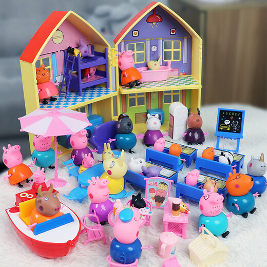 Süße Schweine Kinder Peppa House spielen Spielzeug Peggy Doll Girls Carriage Familie von vier Hauspuppen Set Girl Doppelseitig Haus + Spielplatz + 16