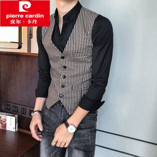 Pierre Cardin suit vest thin slim fit Korean style casual vest V-neck single-breasted hairstylist black and white small plaid vest trendy khaki L (120-130Jin [Jin equals 0.5 kg])