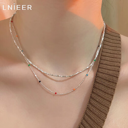 Lnieer silver broken several taels of silver necklace women's clavicle chain stacked high-end S925 silver iu same style rainbow bean bead necklace colored beads broken silver necklace looks great when worn alone or stacked