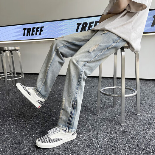Hongtiwan Jeans Men's Summer Ripped High Street Vibe American Pantals Trendy Men Korean Style Trendy Teenage Slim Fit Blue Ripped Style YD728 L (100-120JIN [Jin est égal à environ 0,5 kg]))