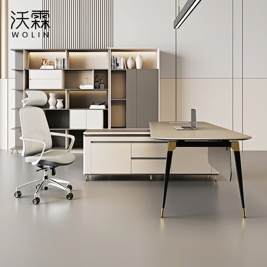 Wolin Light Luxury Desk Modern Simple Office Boss Desk Supervisor Desk Designer New Chinese Style Manager Desk 1.75 Meter Boss Desk Vice Cabinets Can Be Installed Left and Right