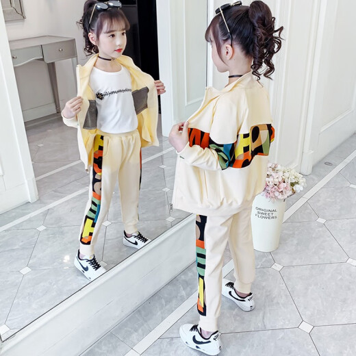 Sanyedou (SANYEDOU) Girls' Autumn Clothing Set New Children's Sports Suit for Big Children and Girls Western-style Jacket and Pants Spring and Autumn Two-piece Set Black 150cm