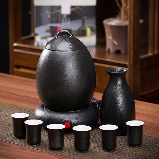 Qixinbian Chinese-style wine warmer set for wine glasses and wine pot, household retro wine boiler, rice wine warmer, wine warmer ceramic, black pottery wine warmer 6 cups + thermostat