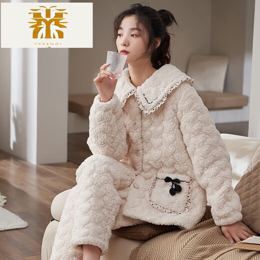 FMSERUIOS轻奢高档珊瑚绒夹棉睡衣女士冬季三层加厚加绒家居服女冬款法兰绒 MFB12157女 M