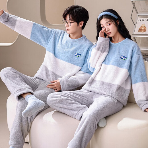 clolv kiss珊瑚绒情侣家居服秋冬款圆领加绒加厚睡衣女冬季法兰绒可外穿套装 6630 男L