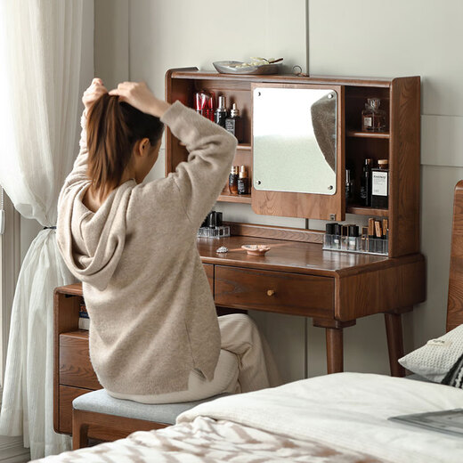 Genji Muyu solid wood dressing table ash wood simple dressing table 0.9m with shelf four-legged dressing table + makeup stool matte gray
