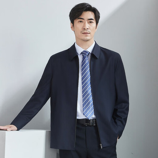 
Hongdu wool with mulberry silk jacket men's lapel zipper style for work formal wear for meeting business jacket middle-aged men's jacket Navy blue 90 wool 10 silk JT6218-1 5XL (200/112A)