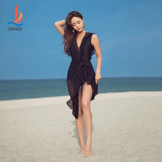 Sanqi (SANQI) swimsuit female one-piece sexy fairy model slim belly-covering lace blouse two-piece hot spring vacation swimwear 21009 black XL size