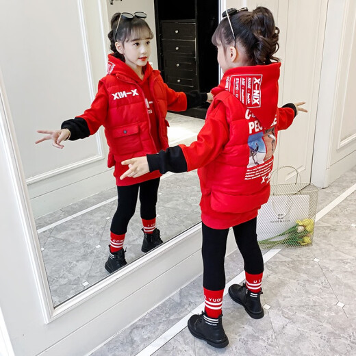 [Three-piece set] Children's clothing, girls' winter sportswear set, thickened and warm children's three-piece set, top, jacket, sweatshirt + vest + pants, medium and large children 3-12 years old girls' clothes, red size 150, recommended height 140cm-150cm