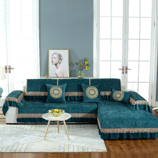 Love the Life Chenille Sofa Cushion Set Four Seasons Universal Sofa Cover Scarf All-in-One Nordic Anti-Slip Sofa Cushion Palace Style Peacock Green 80+20*210cm