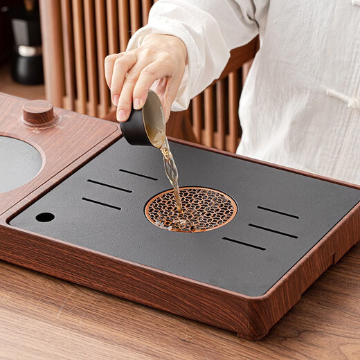 Tangfeng black pottery Kung Fu tea set, smart integrated tea tray, complete set of light luxury retro boiling water tea making equipment for home living room, walnut color stone surface tea tray + elegant lifting kettle, transparent