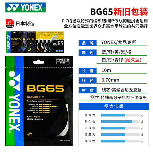 YONEX尤尼克斯羽毛球线YY日本产全型号专业高弹耐打羽毛球拍线 【1条】BG65 耐打【主图8色选】