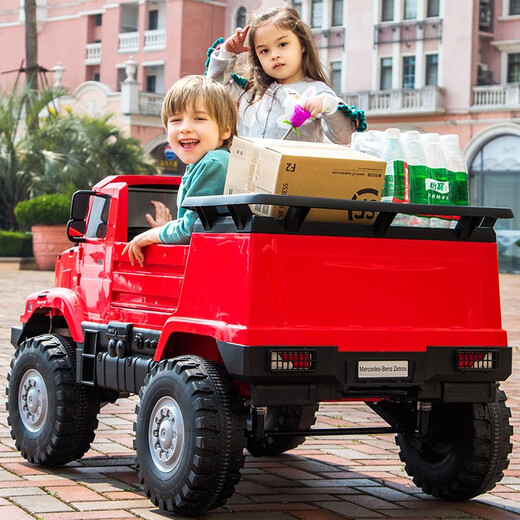 Hand in hand with Mercedes-Benz children's electric car four-wheel remote control car double child toy car can sit adults and babies swing children's car flagship black + plastic chair + shelf + 6 hours of battery life