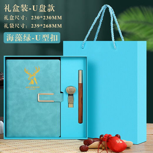 法拉蒙 A5笔记本本子商务礼盒装加厚工作会议办公记事本U盘礼品套装企业定制A5海藻绿-U型扣（笔+U盘礼盒装）