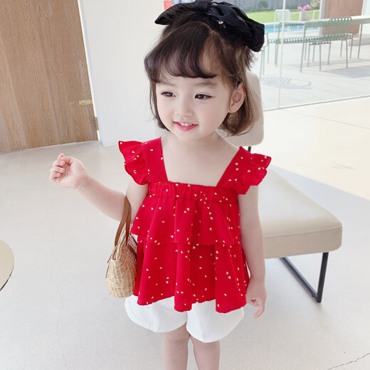 Summer cool new girl Internet celebrity suit, fashionable and trendy children's fashionable sling two-piece set, baby girl summer dress 1 to 3 years old baby clothes 2707 love red 90cm