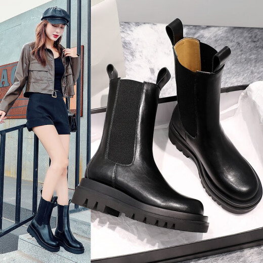 Mebbon Martin boots for women in autumn and winter new style genuine leather Chelsea chimney boots breathable fashionable British style casual shoes women's thick sole heightening boots women's versatile ins thin thick heel women's boots 611 black-high top 37