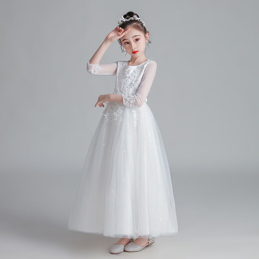 Dev Ake children's dress girl princess skirt high-end long skirt small host piano performance evening dress big boy middle school student CW683 long white 150 (suggested 61-70 Jin [Jin equals 0.5 kg])