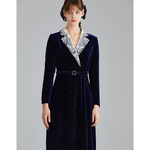 Das gleiche 2022 Herbst neue Mode Spitzenanzug Halsband professionelles Taillenkleid mit mittlerer Länge OBQL9230 B01 Dark Blue XL