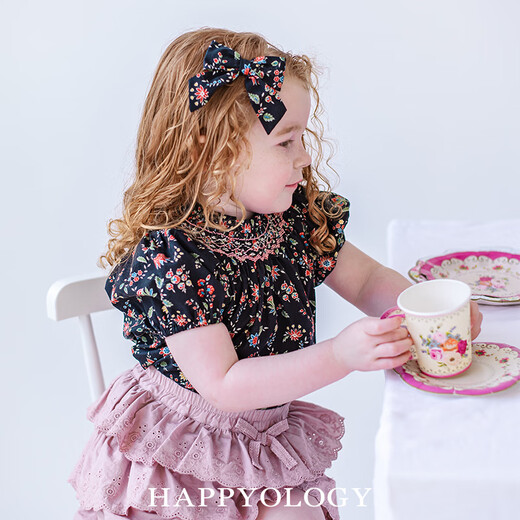 Happyology British girls summer pure cotton floral top baby girl's ear-trimmed stand-up collar puff sleeve shirt Starry Night Secret Garden 98 (98cm)