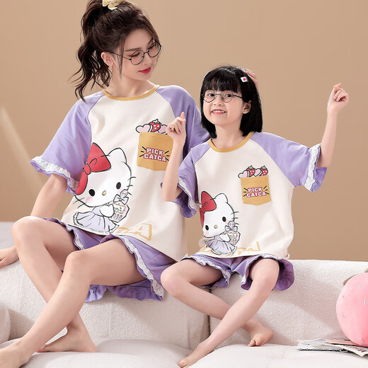 
Langsha mother and daughter parent-child dress pajamas girls summer short-sleeved thin cotton home clothes little girl student summer suit LYP684 M women 150-160CM/80-98Jin[Jin equals 0.5 kg]