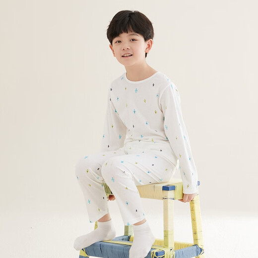 Red bean children's pure cotton home clothing set for men and women middle-aged children long-sleeved mesh spring and summer pajamas teenager mesh air conditioning suit 3271 (cactus) 120