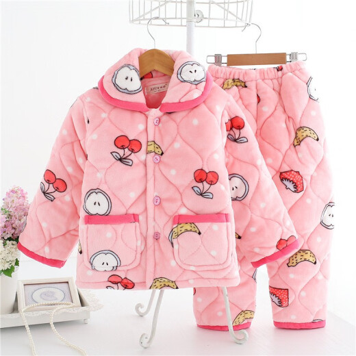 Maomao Tiao children's clothing for boys and girls, children's pajamas, children's home clothes, flannel, medium and large children's three-layer quilted plus velvet thickened warm suit, children's winter clothing, children's clothing brand 6111 cherry size 8, recommended to be worn around 80-90cm tall