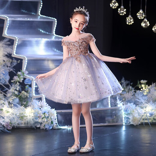 Girls' princess style autumn and winter light luxury high-end suit elementary school students chorus guzheng piano performance evening dress skirt 1591 blue short sleeve short style 120